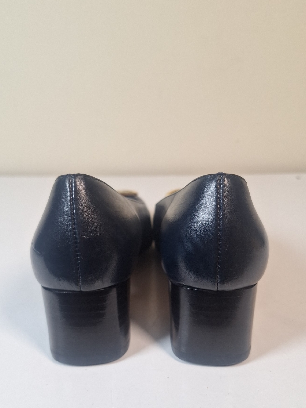 Salvatore Ferrigamo Maxi Gancini Navy/Gold  Block Heel Pumps Size 4 - Picture 5 of 13